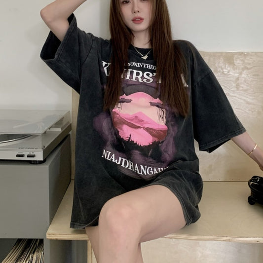 グラフィック Tシャツ レディース 韓国 ストリート プリント オーバーサイズ アメリカン ウォッシュド加工 ビッグT