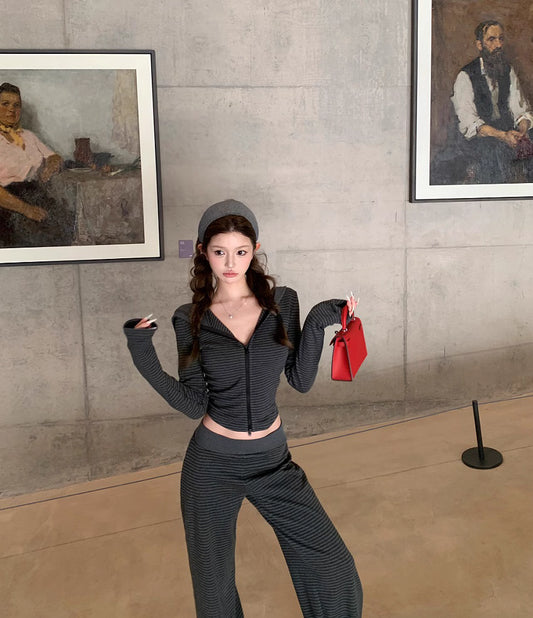 ボーダー ジップパーカー セットアップ レディース リラックス ストレッチ クロップド パーカー ワイドパンツ スウェット 上下セット