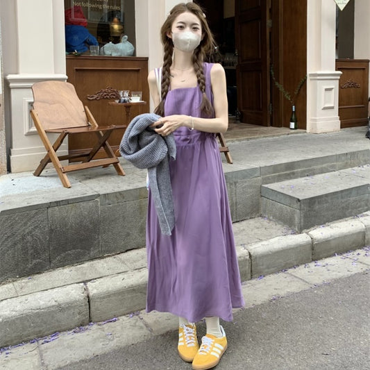 ノースリーブワンピース 韓国 ファッション レディース スクエアネック パープル フレア ロングワンピース