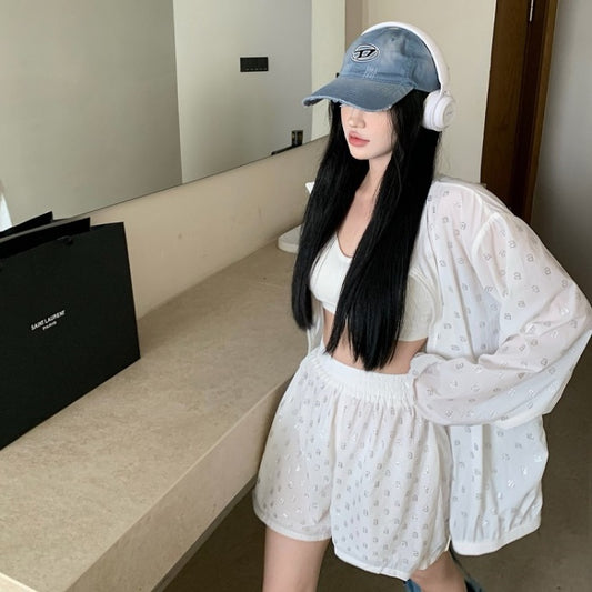 セットアップ レディース ナイロン ジャージ 上下セット 韓国 ファッション グリッター ビジュー モノグラム 夏 ショートパンツ ジップパーカー 日焼け 冷房 対策