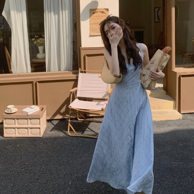 夏 キャミ ワンピース レディース 韓国 ファッション 夏 背中見せ ノースリーブ サマー ロングワンピース ブルー