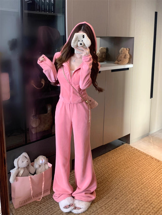 ショートパーカー フリース セットアップ レディース 韓国 ファッション 上下セット クロップド ジップパーカー