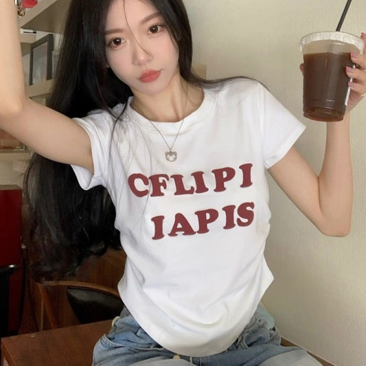 クロップド Tシャツ レディース 韓国 ファッション 半袖 夏 トップス ショート丈 ロゴ プリント シャーリング T