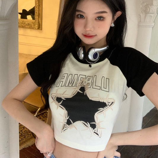 クロップド ラグラン Tシャツ レディース 韓国 ファッション バイカラー 星デザイン ショート丈 タイトシルエット アメカジ T 夏 トップス