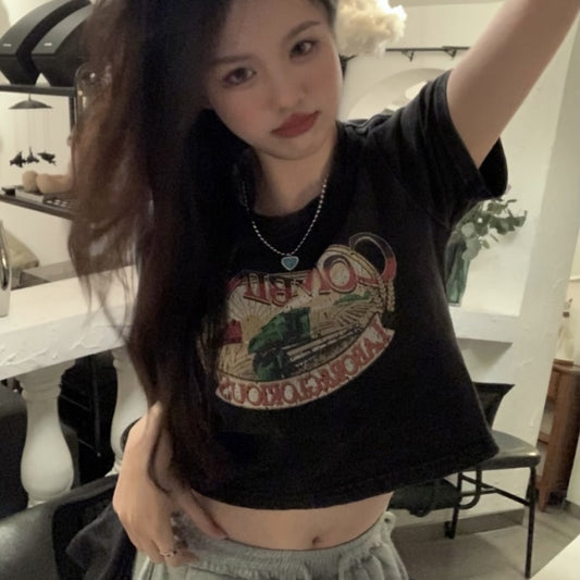 クロップド グラフィック Tシャツ レディース 韓国 ファッション 夏 ショート丈 T トップス