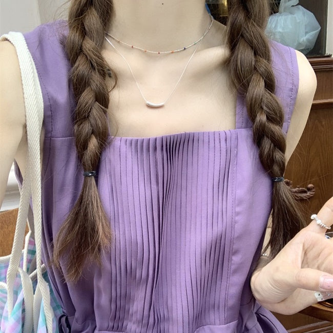 ノースリーブワンピース 韓国 ファッション レディース スクエアネック パープル フレア ロングワンピース