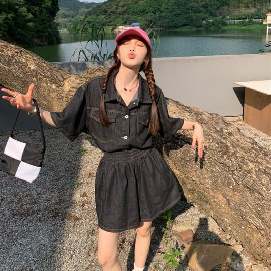デニム セットアップ レディース 韓国 半袖 デニムシャツ ハーフパンツ 上下 2点 セット オーバーサイズ ウエストゴム デニムセットアップ