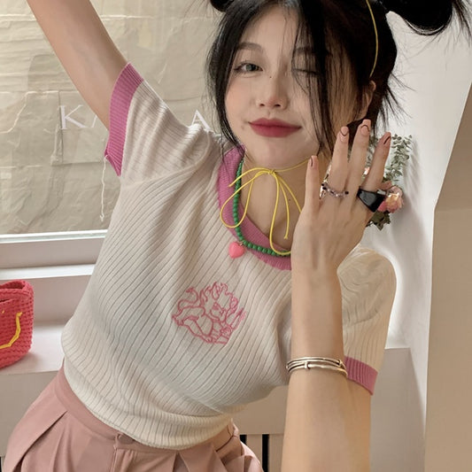 リブ リンガー Tシャツ レディース 韓国 ファッション 夏 バイカラー デビル 小悪魔 キャラ かわいい 韓国Tシャツ