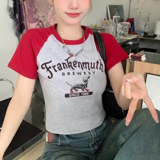 クロップド Tシャツ レディース 韓国 ファッション ショート丈 プリント ロゴ ラグラン T ミニマム 夏トップス