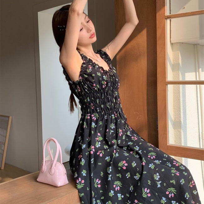 花柄 ノースリーブ 夏 ワンピース 韓国 ファッション レディース Aライン フリル リボン ロングワンピ