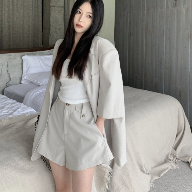 セットアップ レディース 韓国 半袖 ジャケット ショートパンツ 上下セット マニッシュ カジュアル きれいめ スーツ ビッグシルエット