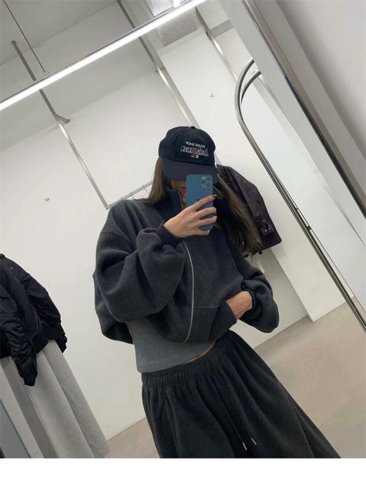 フリース パーカー セットアップ レディース 韓国 ファッション 2025年冬 あったか 上下 2点 セット スタンドカラー ショート丈 ジップパーカー ドロスト ワイドパンツ