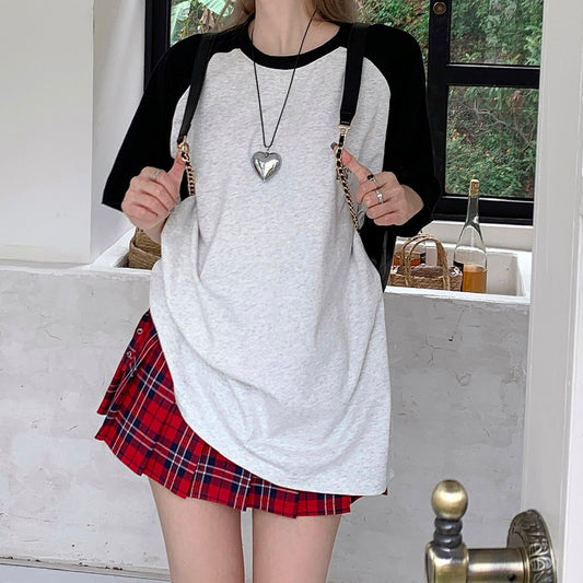 ラグラン Tシャツ レディース 韓国 半袖 ワンポイント ロゴ ビッグシルエット 夏 トップス