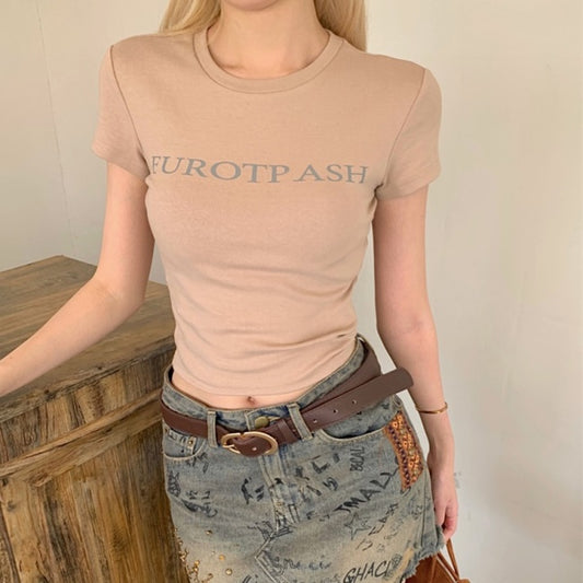 クロップド Tシャツ レディース 韓国 ロゴ プリント タイトシルエット ショート丈 ミニマム T 夏トップス