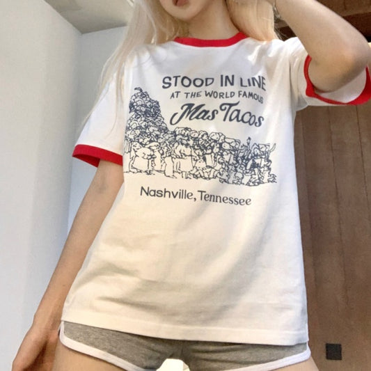 リンガー Tシャツ レディース 韓国 ファッション グラフィック tシャツ クルーネック バイカラー 半袖 メッセージT