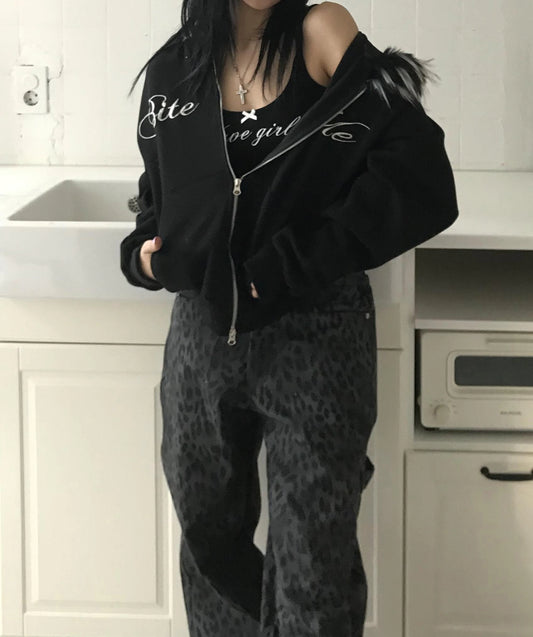 ビッグ ファーフード ロゴ パーカー レディース 韓国 ファッション ショート ジップパーカー 刺繍ロゴ フーディ