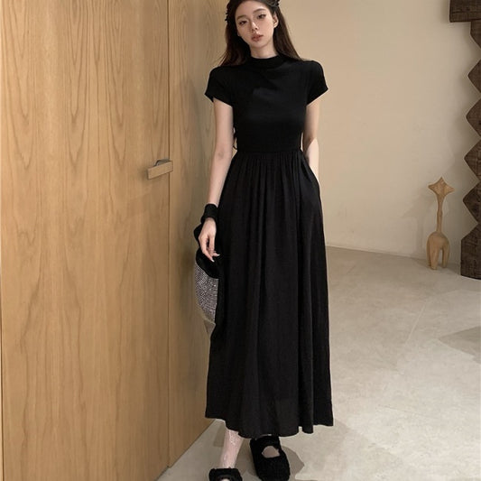 夏 ロングワンピース 韓国 カットソー トップス 切替 ワンピ お呼ばれ 半袖 ワンピース シンプル 上品 きれいめ