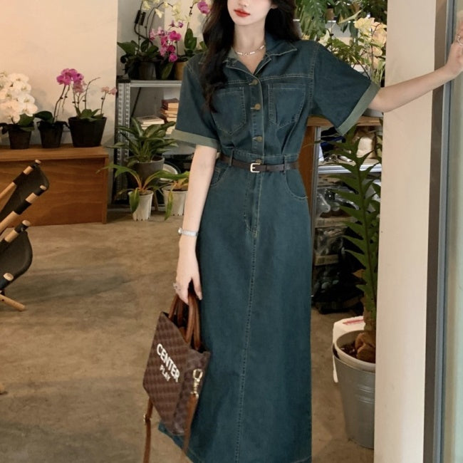 デニム ロングワンピース レディース 韓国 半袖 ジーンズ ワンピース 夏服 デニムワンピ