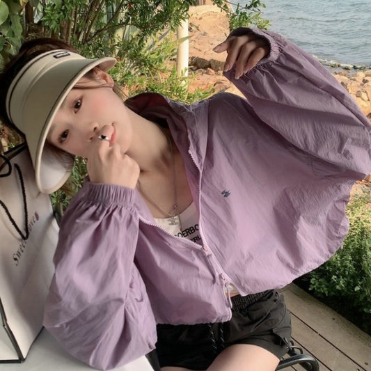 ナイロン パーカー レディース 夏 クロップド ワイド シルエット 韓国 ダブルジップ ワンポイント 長袖 パーカー 日焼け 冷房 対策 ビッグシルエット