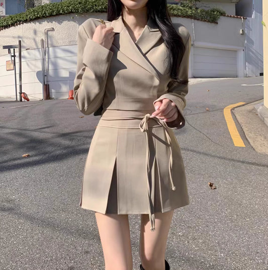 韓国風 ショートジャケット セットアップ レディース プリーツミニスカート 2点セット リボン クロップド JKT