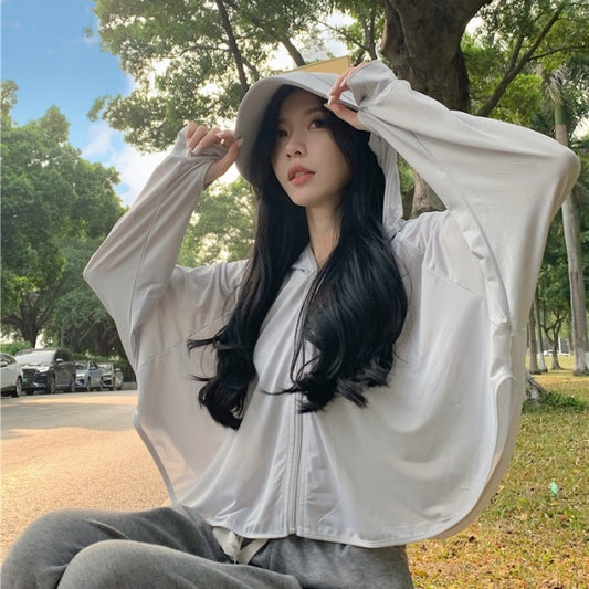 サマーパーカー レディース 韓国 速乾 日焼け止め オーバー パーカー フード つば付き ドルマンスリーブ クロップド丈