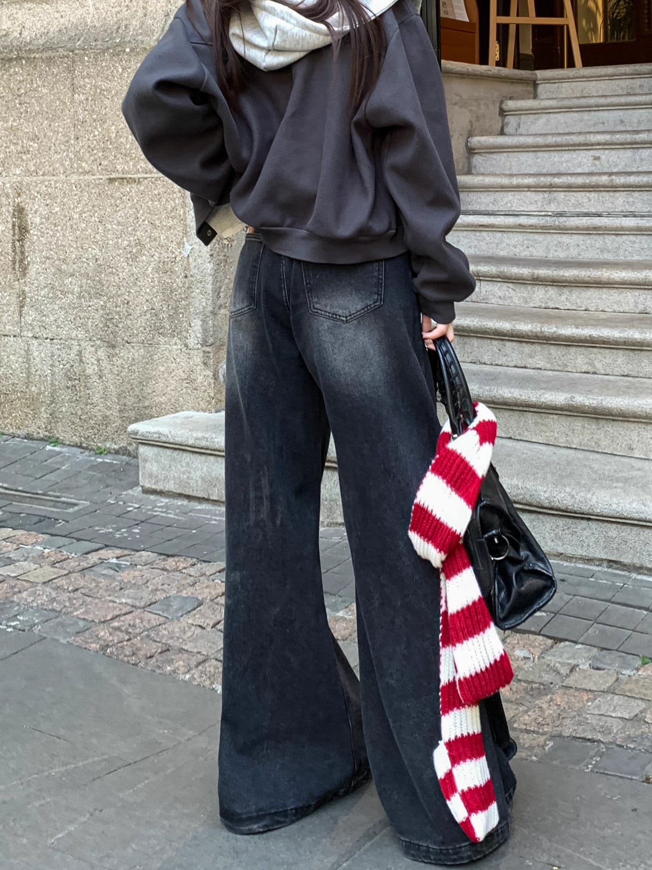 フレア ワイド ブラック デニムパンツ 韓国 ファッション レトロ ヴィンテージ加工 ブラック ジーンズ 秋冬 ゆったり 脚長シルエット