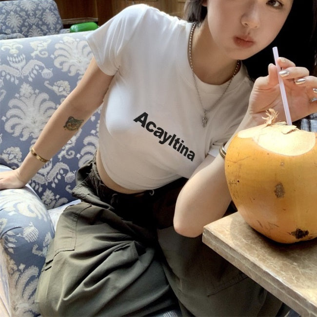 クロップド Tシャツ レディース 韓国 半袖 夏 トップス ショート丈 ロゴ プリント タイトフィット ミニT
