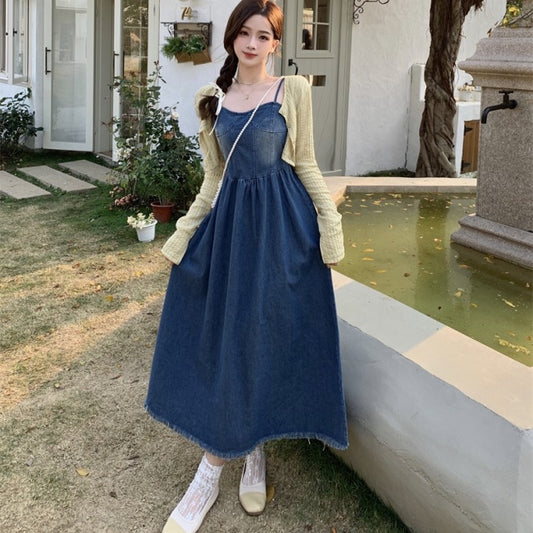 デニムワンピース レディース 韓国 ファッション キャミ ロングワンピース フレア Aライン フリンジカット ノースリーブ デニムワンピ