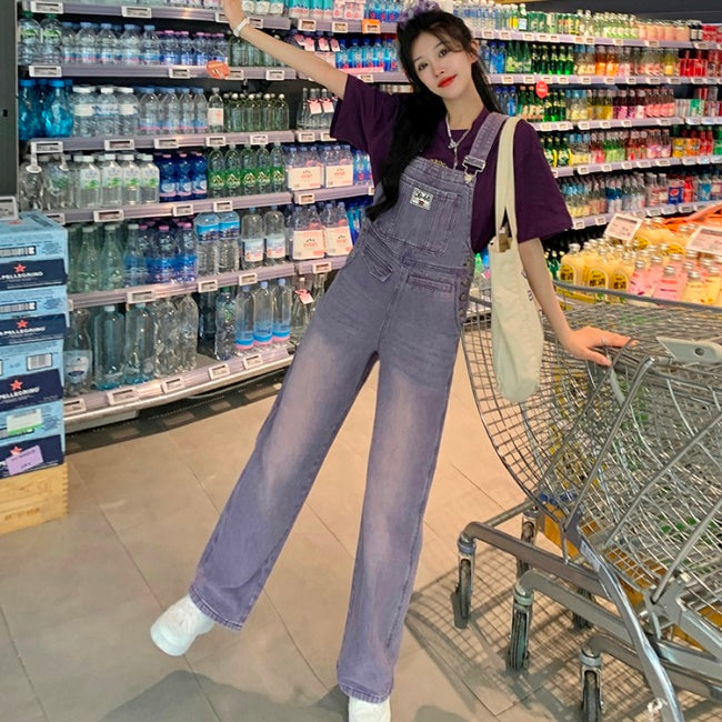 デニム オーバーオール レディース 韓国 パープル ユーズド加工 デニム サロペットパンツ 夏