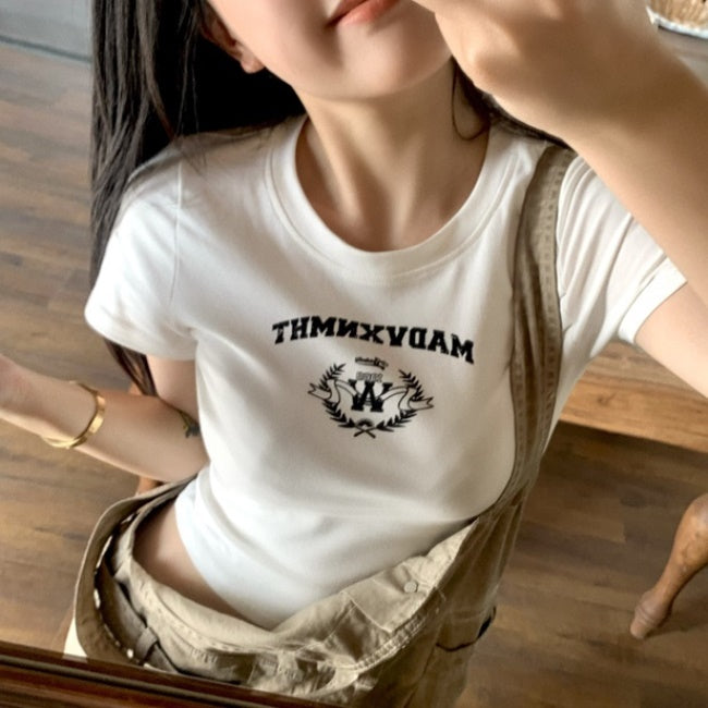 クロップド Tシャツ レディース 韓国 ファッション ストレッチ ロゴ