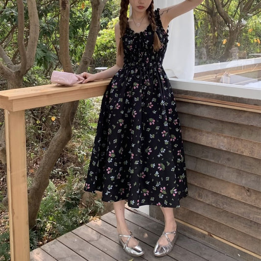 花柄 ノースリーブ 夏 ワンピース 韓国 ファッション レディース Aライン フリル リボン ロングワンピ
