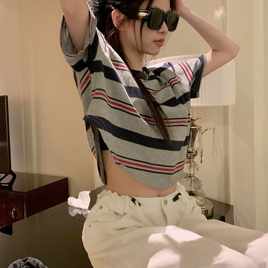 ボーダー Tシャツ レディース 韓国 ファッション クロップド オーバーサイズ T トップス 半袖 マルチボーダー ワイドシルエット