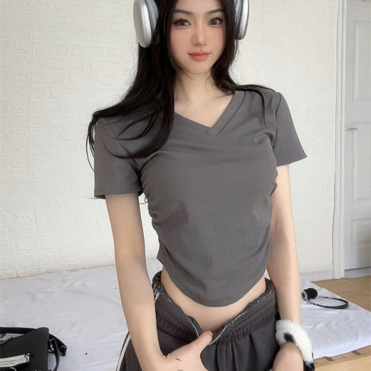 Vネック Tシャツ レディース 韓国 クロップド丈 サイドシャーリング T 無地 シンプル タイト グレー/ホワイト/ブラウン