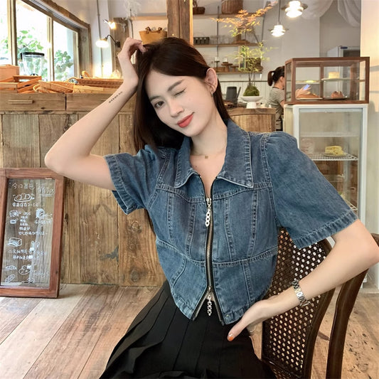 クロップド デニム ジップアップ シャツ 韓国 ファッション 半袖 ジーンズ シャツ ショート丈