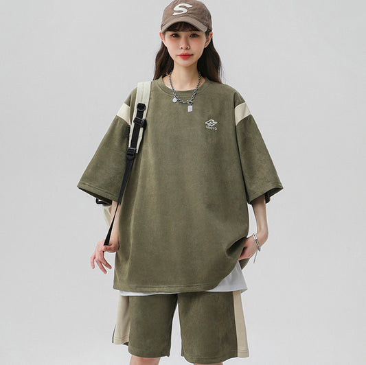 半袖 ジャージ セットアップ レディース 韓国 夏 Tシャツ ハーフパンツ 上下セット ワンポイント ロゴ バイカラー メンズライク ストリート