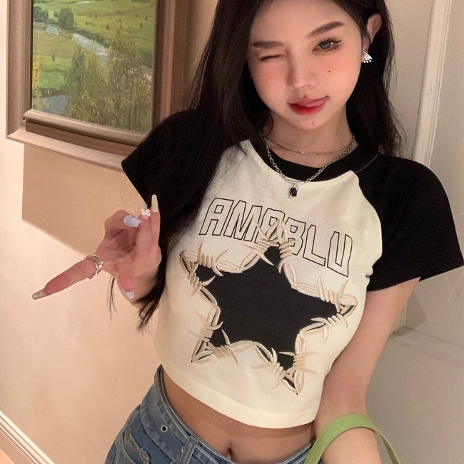 クロップド ラグラン Tシャツ レディース 韓国 ファッション バイカラー 星デザイン ショート丈 タイトシルエット アメカジ T 夏 トップス