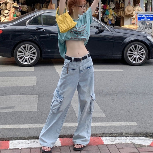 デニム カーゴパンツ レディース 韓国 ファッション デニムパンツ ヴィンテージ加工 ペインター デニムワイドパンツ