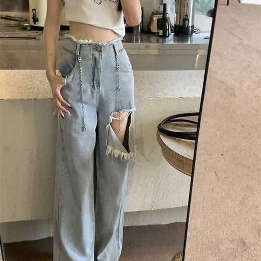 クラッシュ デニムパンツ レディース 韓国 ハードダメージ ジーンズ 穴あき ワイドデニム