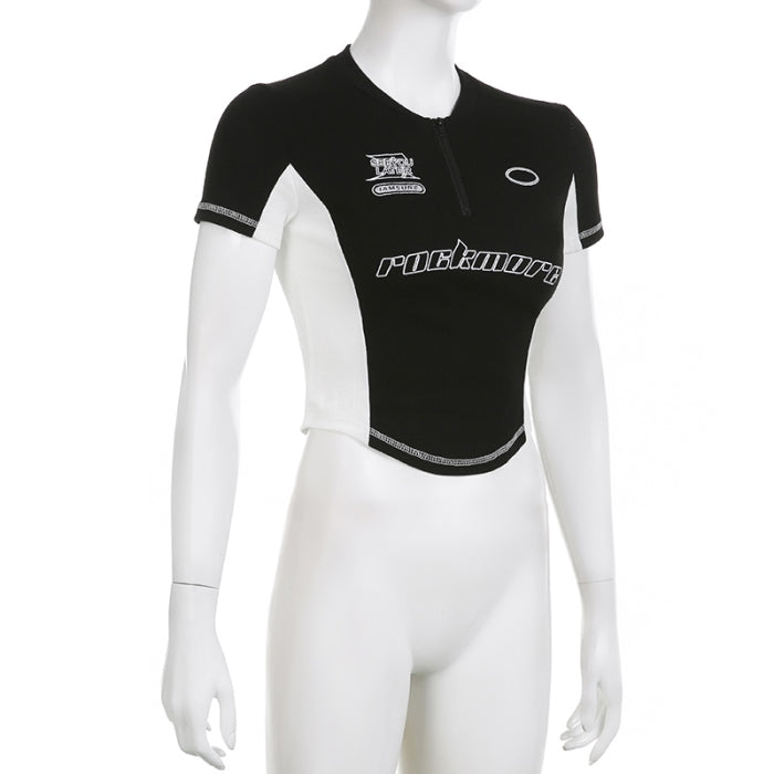 ハーフジップ クロップド Tシャツ レディース 韓国 Y2K ロゴ バイカラー スポーツミックス タイトトップス マイクロ ミニマム T