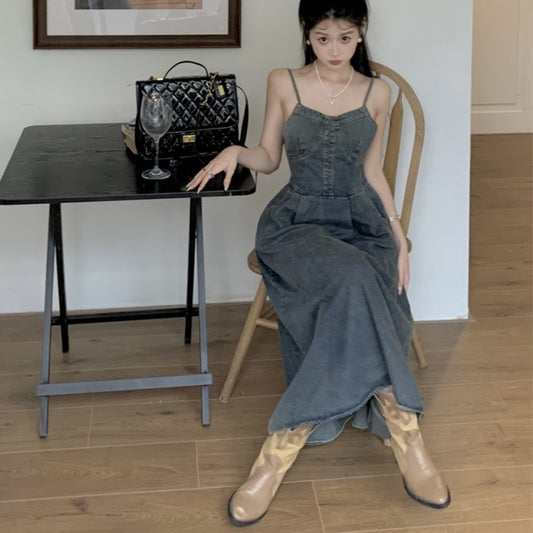 デニムワンピース 韓国 キャミ ノースリーブ Aライン Vネック デニム ロングワンピース