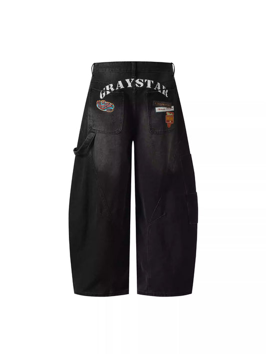 バック ロゴ デニムパンツ レディース ペインター ワイド デニム 韓国 ファッション ユーズド加工 ジーンズ