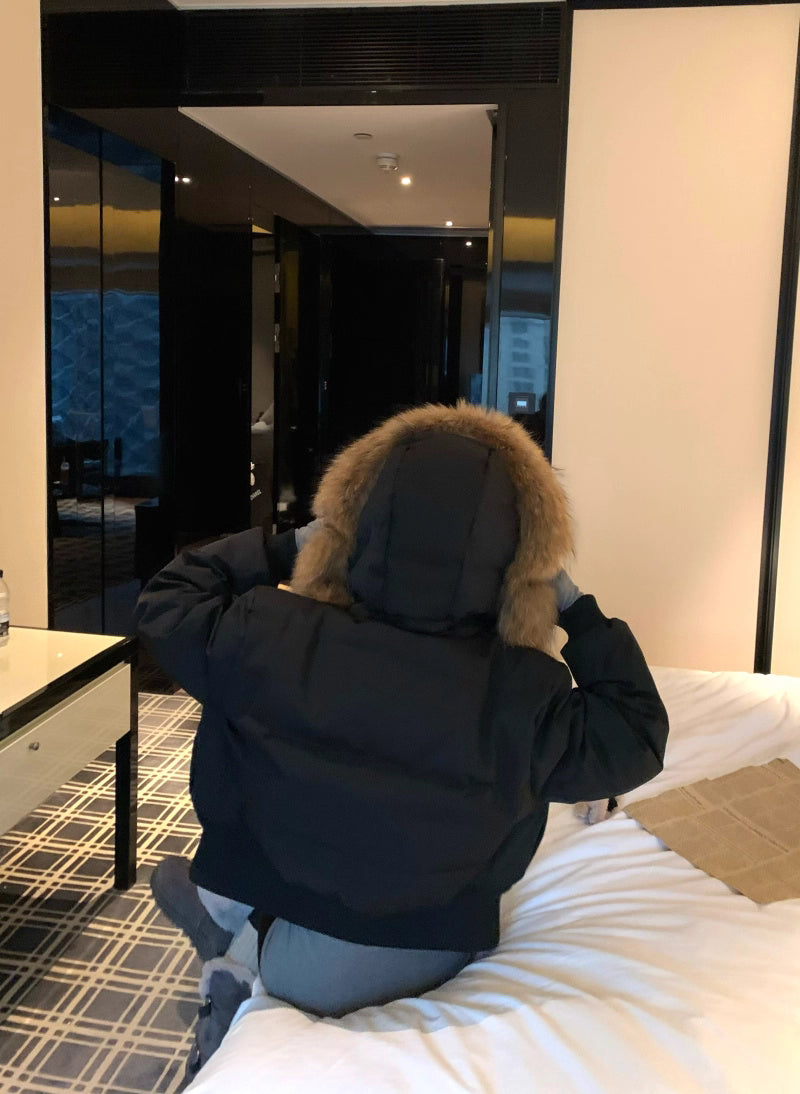 ファーフード ショート パフテック ジャケット 韓国 レトロ 中綿ジャケット 冬用 保温 ジップアップ クロップド丈