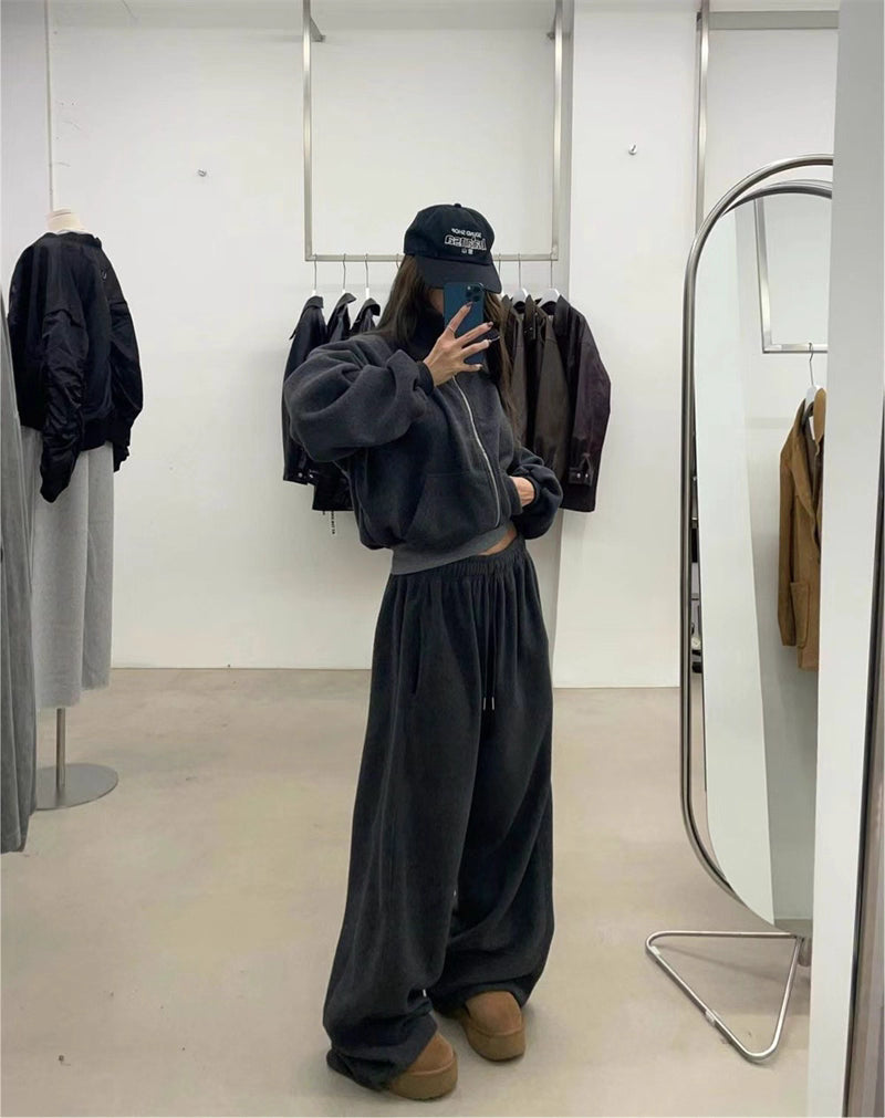 フリース パーカー セットアップ レディース 韓国 ファッション 2025年冬 あったか 上下 2点 セット スタンドカラー ショート丈 ジップパーカー ドロスト ワイドパンツ