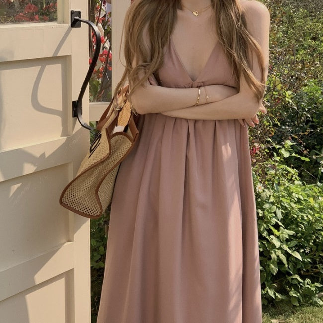 キャミ ワンピース 韓国 ノースリーブ ロングワンピース Vネック フレア 夏 ワンピ