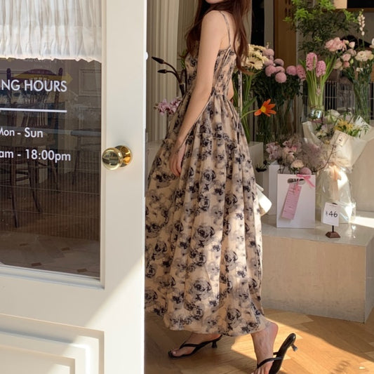 花柄 ロングワンピース ノースリーブ レディース 韓国 ワンピース エアリー Aライン フレア ロング ノースリーブ サマードレス 夏ワンピ