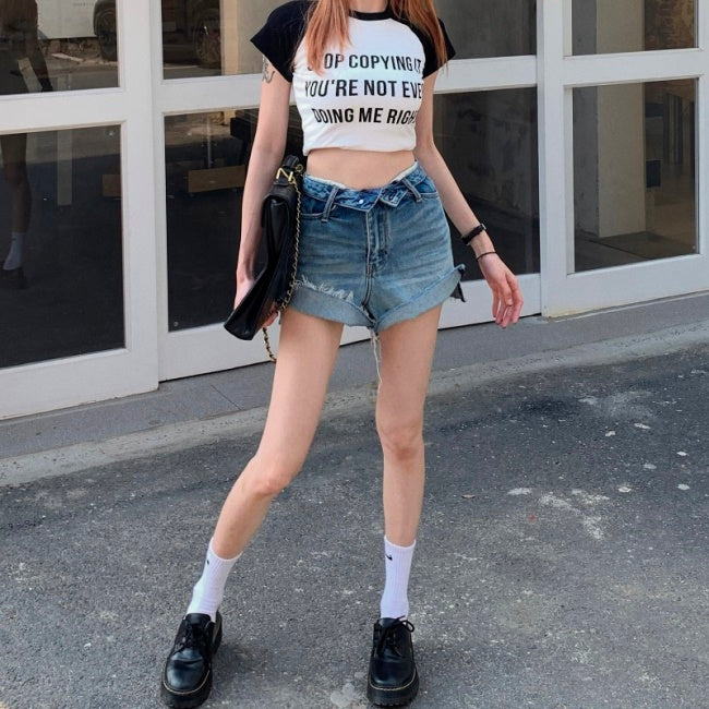 デニム ハーフパンツ レディース 韓国 ファッション ヴィンテージ カットオフ デニム ワイド ハーフパンツ