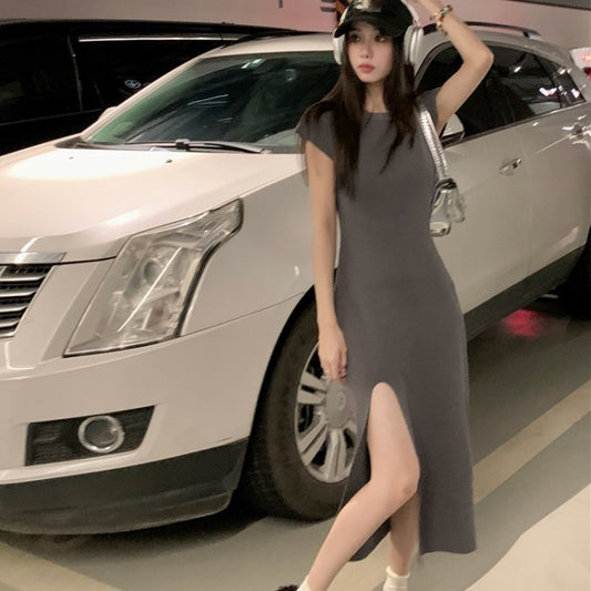 スリット ワンピース 韓国 無地 カットソー フレンチスリーブ 半袖 ロングワンピース タイト 夏ワンピ