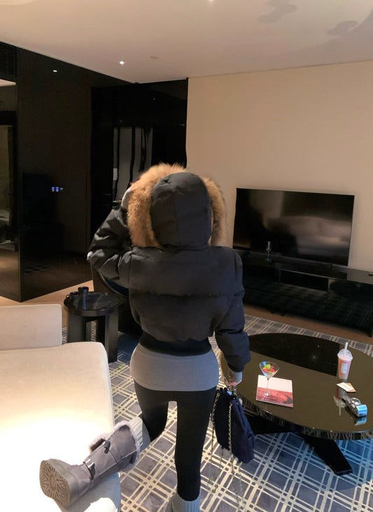 ファーフード ショート パフテック ジャケット 韓国 レトロ 中綿ジャケット 冬用 保温 ジップアップ クロップド丈