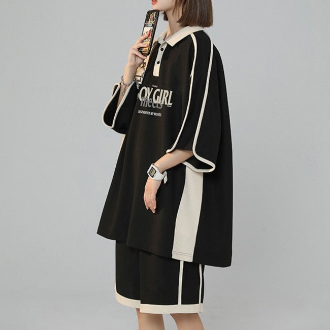 半袖 ジャージ セットアップ レディース 韓国 ポロシャツ ハーフパンツ 上下セット ロゴ ビッグシルエット スポーツウェア