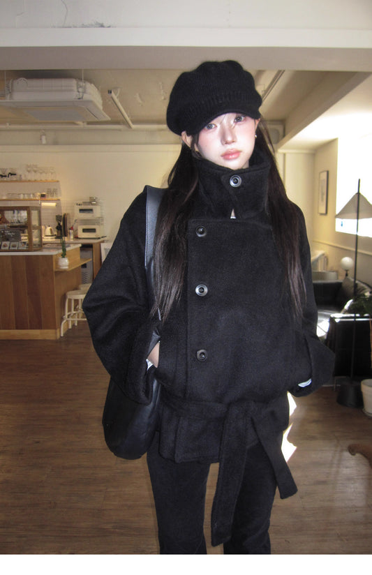 ダブル ショートコート レディース 韓国 ファッション ウール調 ウエストマーク コート